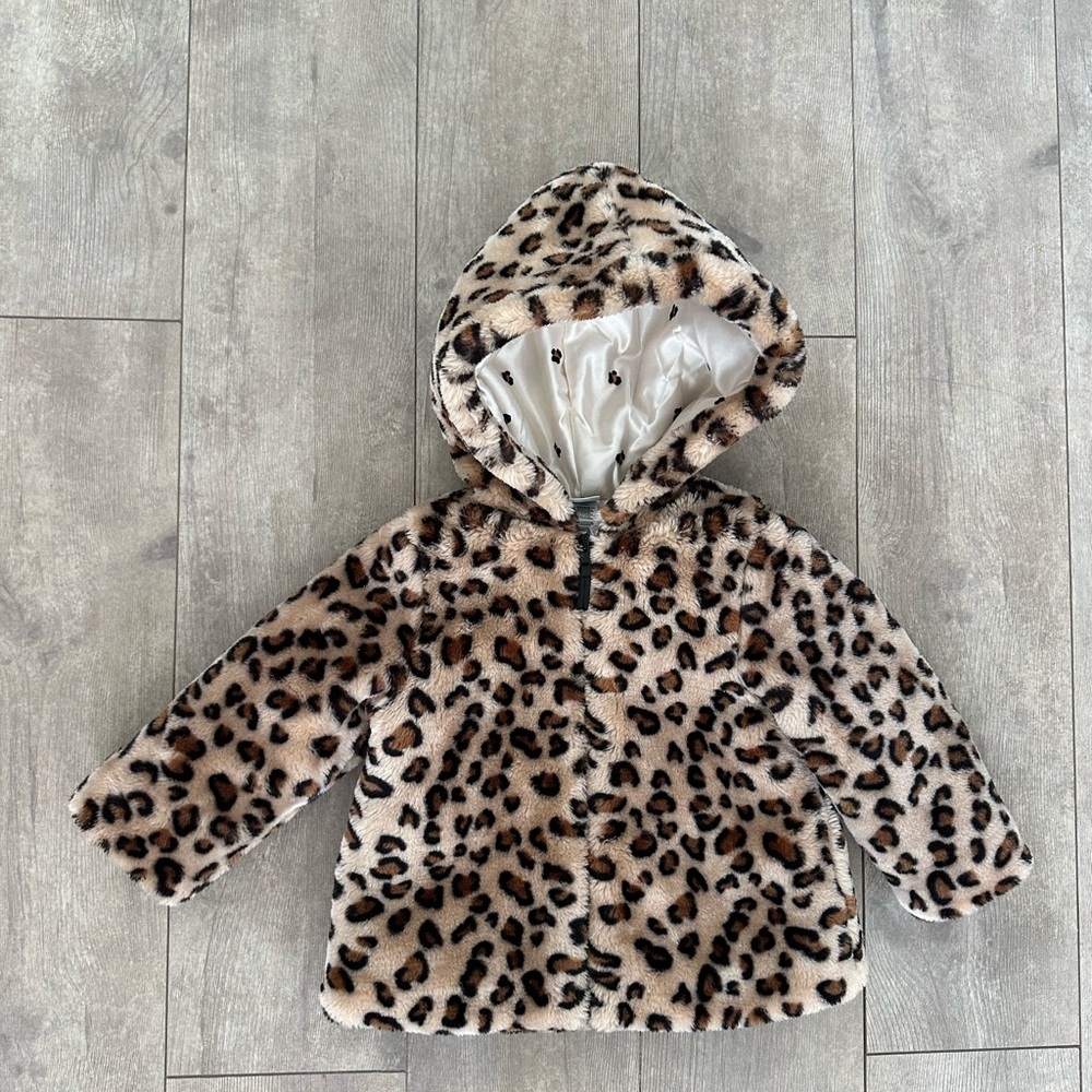 New Little Me Leopard Print Faux Fur Jacket Hoodie Coat Warm Baby Girl Size 18 M - Picture 8 of 16